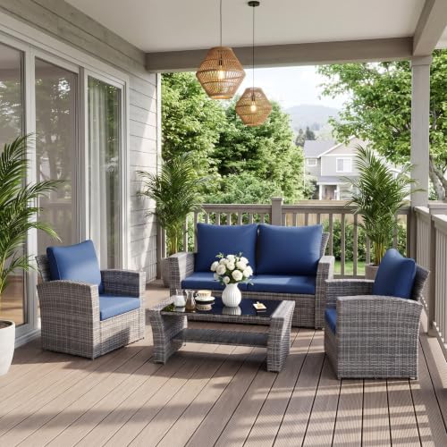 4 Piece Outdoor Wicker Patio Furniture Set for All Weather (Dark Blue / 4)