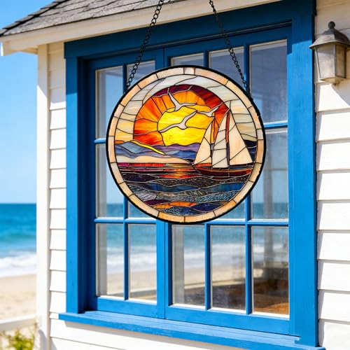 Ocean Sailboat At Sunset Stained Glass Window Hanging Suncatcher Gifts 7.8"
