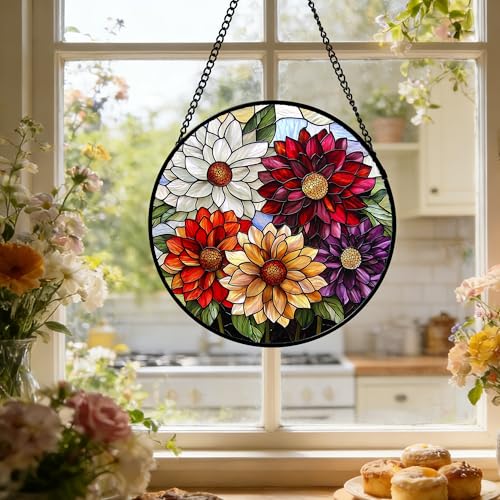 Stained Glass Window Hanging Color Dahlia Suncatcher Gifts for Women 15"