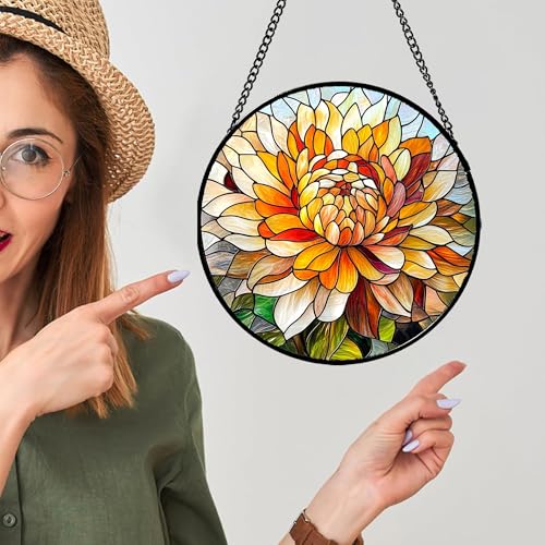 Orange White Flower Stained Glass Window Hanging Suncatcher Gifts 6.3" (Multiple Colors / 6.3x6.3 IN)