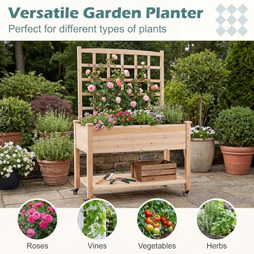 65'' Wooden Raised Garden Bed with Trellis & Legs (47” x 23” x 65”)