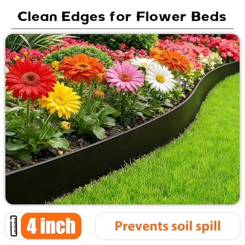 Landscape Edging 4 Inch Tall No Dig Garden Edging Border 60FT with 60 Metal Stakes (Black / 60FT Border)