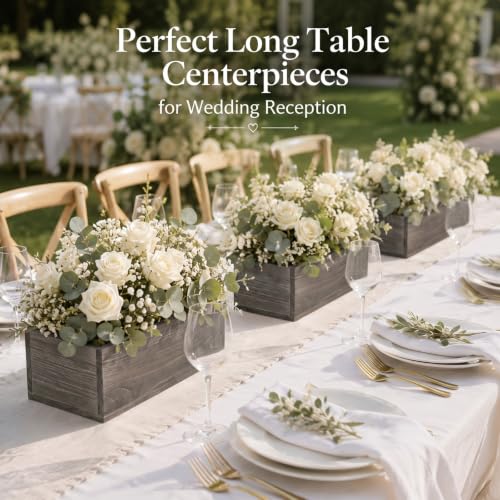 10 Set Wood Boxes for Centerpieces 12x4 Inch Rectangle Wooden Planter Box Rustic Wooden Planters with Removable Plastic Liner Floral Foam Blocks for Christmas Wedding Home Garden Decor (12 X 4 Inch / Brown)