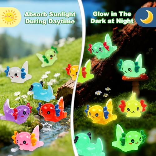 64PCS Luminous Mini Resin Axolotl 8 Colors Glow in The Dark Small Little Resin Axolot to Hide Bulk Miniature Plastic Animal Figures for Micro Landscape Dollhouse Fairy Garden Aquarium Potted DIY Decor (64pcs-axolotl)