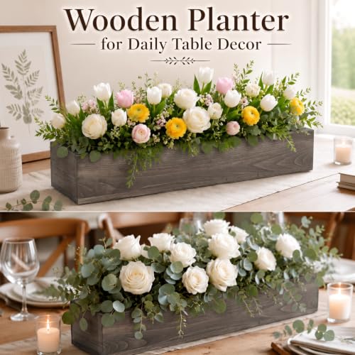 10 Set Wood Boxes for Centerpieces 12x4 Inch Rectangle Wooden Planter Box Rustic Wooden Planters with Removable Plastic Liner Floral Foam Blocks for Christmas Wedding Home Garden Decor (12 X 4 Inch / Brown)