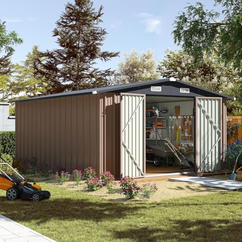 12 x 10FT Outdoor Storage Shed with Double Hinged Large Door (Brown / 10'x12')