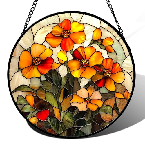 Orange Calendula Flower Stained Glass Window Hanging Suncatcher Gifts 6.3" (Orange / 6.3x6.3 IN)