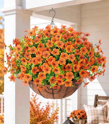 Artificial Fake Fall Hanging Plants Flowers Basket for Outdoor Decor (Orange)