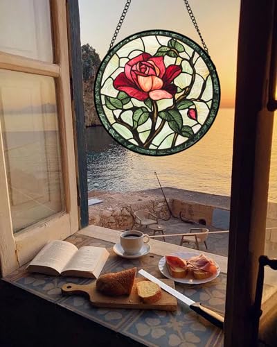 Stained Glass Window Hanging Red Rose Suncatcher Gifts for Women 15"