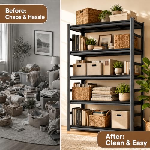 Heavy Duty Wood Bookshelf Adjustable 5 Tier Book Shelf with guard rail (Wood 72"H×35.4"W×15.7"D)