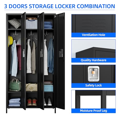 Metal Storage Locker for Office Gym Bedroom Dormitory (Black / 3 Doors)