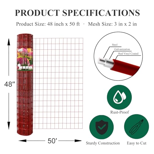 Red PVC Coated Welded Wire Fence 48" x 50' Roll (Red / 2''x3'' 16GA 48''x50')