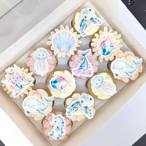 60Pcs Edible Under The Sea Cupcake Topper Edible Starfish Octopus Crab Jellyfish Dolphin Starfish Seahorse Cupcake Picks for Under the Sea Baby Shower Boys Girls Birthday Party Decorations (Red Blue Purple)