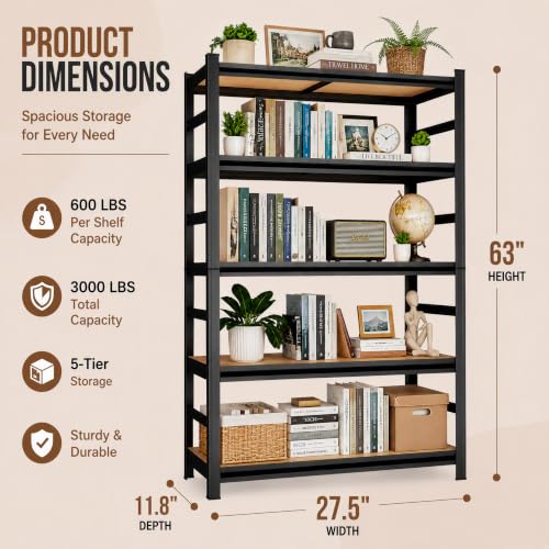Heavy Duty Wood Bookshelf Adjustable 5 Tier Book Shelf with Bolt (Wood 63"H×27.5"W×11.8"D)