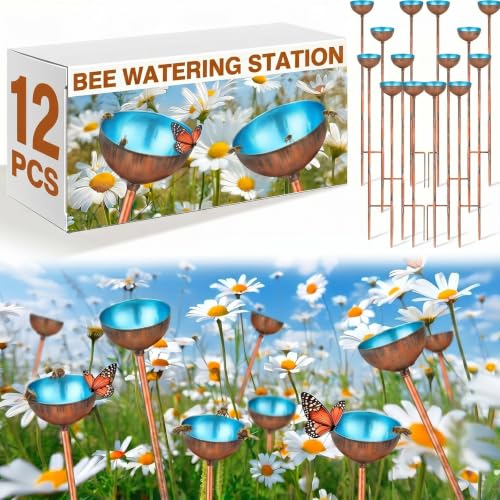 12 Pcs Bee Watering Station for Garden Bee Metal Watering Cups (Blue)