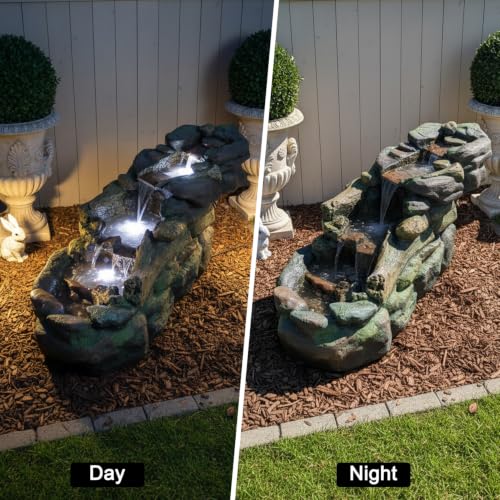 Cascading Rock Outdoor Water Fountain with LED Lights (39" L / Gray_14)