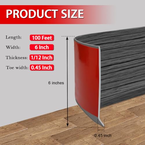 Vinyl Wall Base Rubber Baseboard Molding Trim Self Adhesive 6" Wide (Dark Gray Wood Grain / 6in x 100ft)