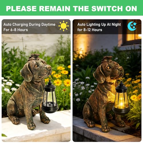 Garden Statue Dog Figurine Decor with Solar Lights 11in Outdoor Decoration (Bronze - Dog with Lantern)