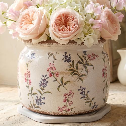 French Country Ceramic Plant Pot with Decorative Saucer (Purple Red / 7.7 in - w/ Saucer)
