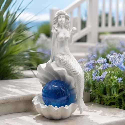 Mermaid Statue Outdoor Decor Garden Statues with Solar Lights (White)