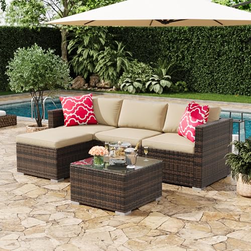 5-Piece All-Weather Patio Furniture Set, Convertible Outdoor Sectional Sofa with Ottoman & Tempered Glass Table, PE Rattan Conversation Set for Garden, Backyard, Porch, Poolside (Brown/Khaki / 5 Pieces)