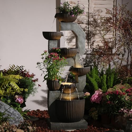 57'' H Tall Large Outdoor Water Fountain with Planter (Grey- 57 Inch)