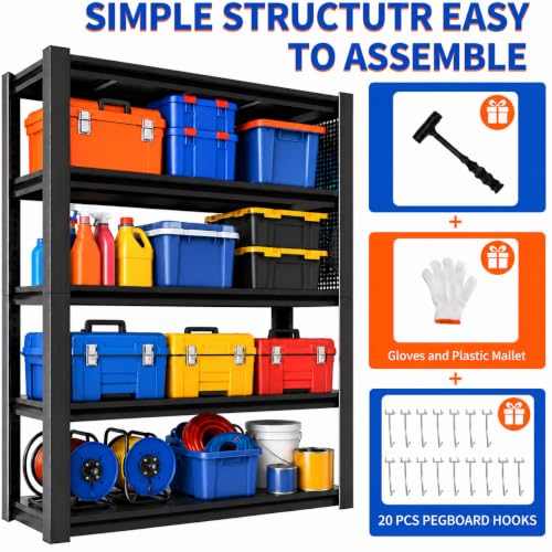 Garage Shelving Unit 5 Tier Metal Rack with Pegboard and 20 Hooks (PB-5 Tier-72‘’H)
