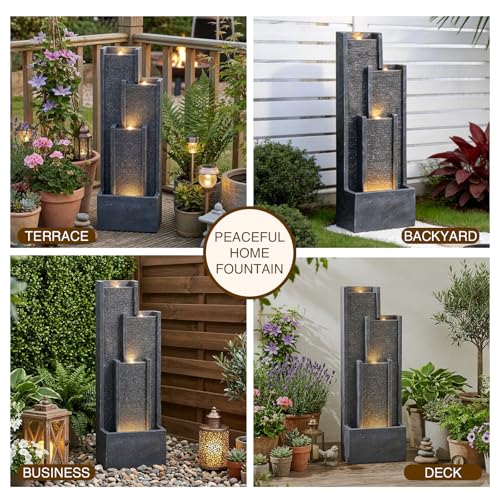 39" Modern Outdoor Water Fountain with LED Lights (Gray / 39 inch)