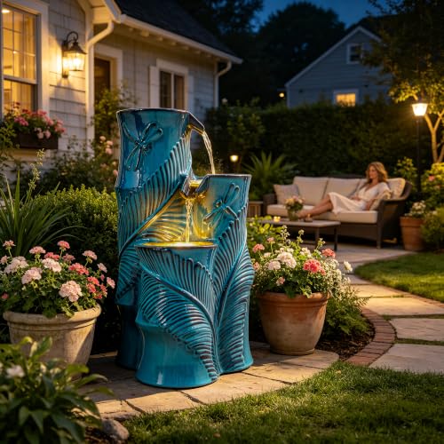 Autodaya Tropical Turquoise Ceramic Outdoor Water Fountain with Lights (25.5"h Bamboo-style Teal Blue)