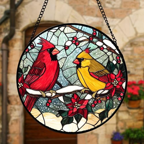 Cardinals Poinsettia Stained Glass Window Hanging Suncatcher Gifts 9.8" (Red and Yellow / 9.8x9.8 IN)