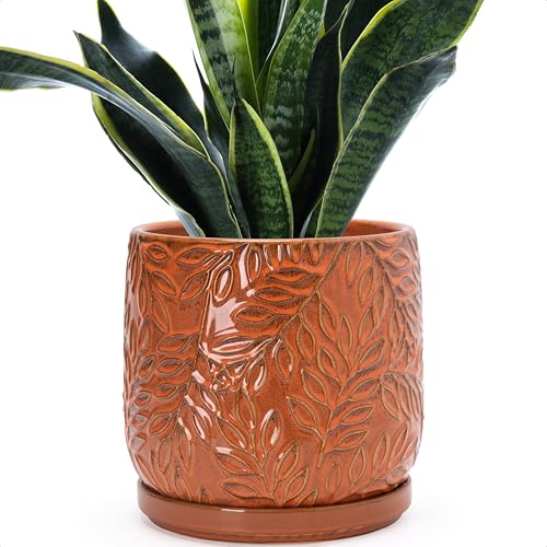 Embossed Leaves Ceramic Planter (8 Inch / Pumpkin)