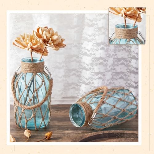 Set of 2 Blue Coastal Glass Vases (Blue / 8 x 4 Inches)