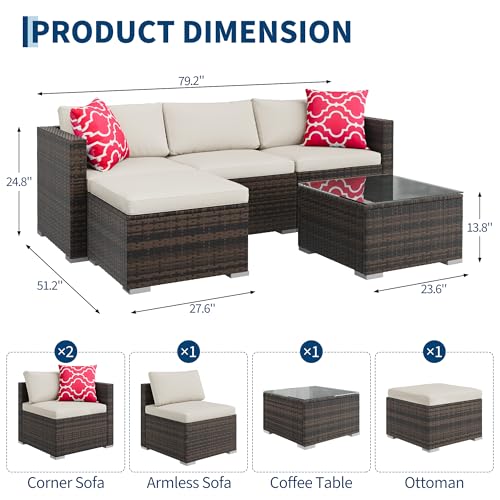 5-Piece All-Weather Patio Furniture Set, Convertible Outdoor Sectional Sofa with Ottoman & Tempered Glass Table, PE Rattan Conversation Set for Garden, Backyard, Porch, Poolside (Brown/Beige / 5 Pieces)