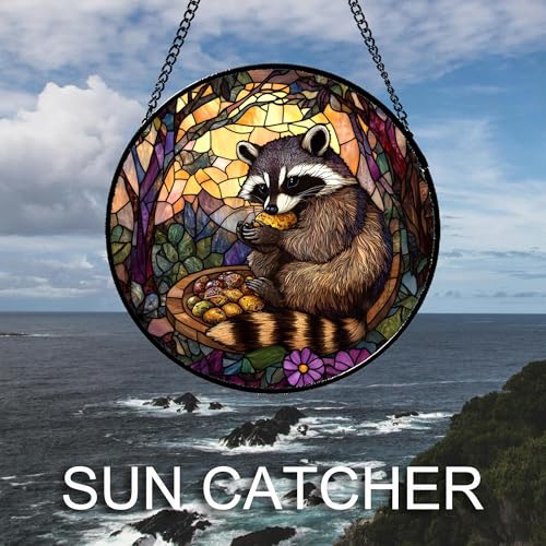 Raccoon Fruit Forest Stained Glass Window Hanging Suncatcher Gifts 12" (Dark Brown / 11.8x11.8 IN)