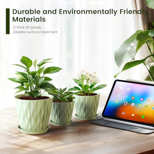 7/6.5/6/5.5/5/4.5/4 inch Plant Pots for Indoor Outdoor Plants, 7 Pack Thick Flower Pots with Drainage Holes and Saucers, Modern Wave Texture Plastic Planter Pots for Nursery, Succulent, Green (Green / 7+6.5+6+5.5+5+4.5+4 inch 7 pieces)