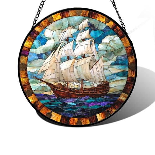 Blue Ocean Sailing Stained Glass Window Hanging Suncatcher Gifts 7.8"
