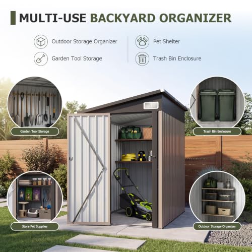 6x4 FT Lean to Outdoor Storage Shed with Sloping Roof (Brown / 4'x6')