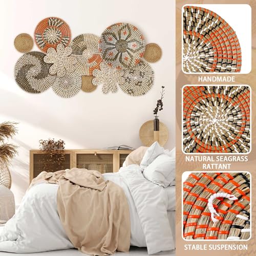 11 Pcs Boho Hanging Wall Basket Decor Handmade Woven Basket Wall Decorative Boho Wicker Baskets Placemats Round Farmhouse Bulrush Art for Rustic Home Decorations Christmas Gift