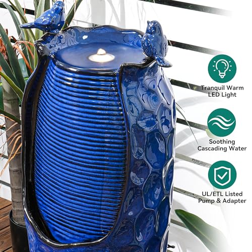 Autodaya 33" Vase Ceramic Outdoor Water Fountain with Lights and Birds (33"h-hammered Cobalt Blue)