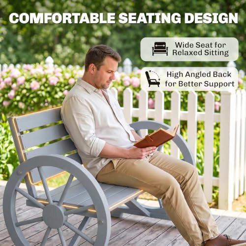 41" Wooden Outdoor Bench Rustic Wagon Wheel Light Gray