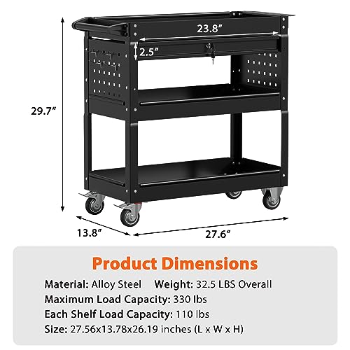 3 Tier Heavy Duty Rolling Tool Cart with Drawers (Black)