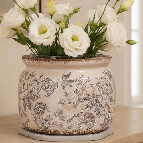 Farmhouse Ceramic Plant Pots with Decorative Saucer (Rustic Grey / 7.7 in - w/ Saucer)