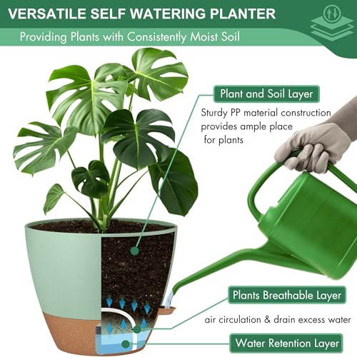 5 Pack Self Watering Pots for Ourdoor (Green / 6.5/7/8/9/10 Inch)