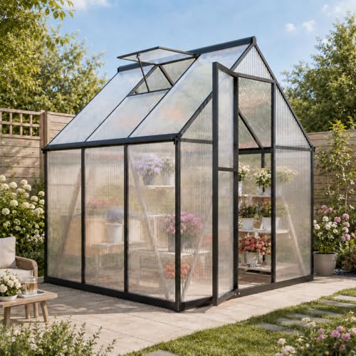 6x6FT Outdoor Greenhouse with Roof Vent (Charcoal Black / 6×6FT)