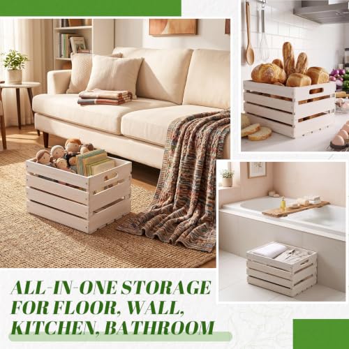 3 Pack Large Wood Crates Box for Storage 12 x 10 x 8 Inches Unassembled Wooden Milk Crates with Handle Decorative Nesting Box for Winter Display Rustic DIY Office Home Retail Art (White / 12 Inch)