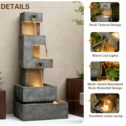48H Cascading Outdoor Water Fountain with Realistic Rock Texture (48.4H / Gray-3051)