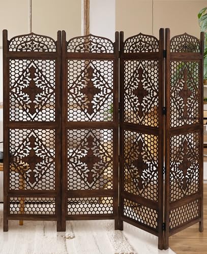 Room Divider Wooden Foldable Hand Carved Screens Panel_80" Wx72 H_4Panel (Burnt / 80"W x 72"H - Minar)