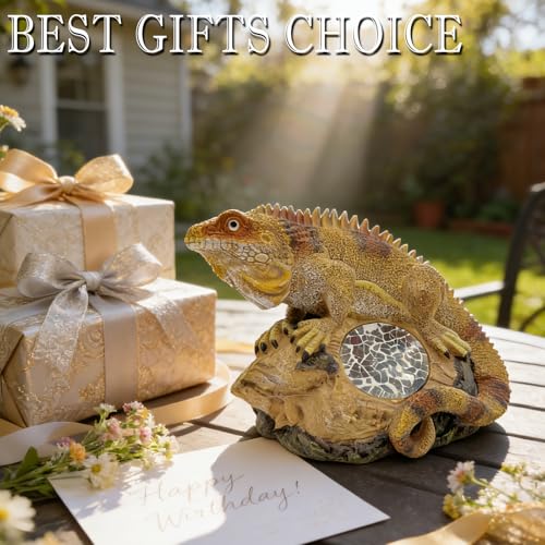 Solar Iguana Garden Statues Decor for Outdoor (Khaki Iguana)