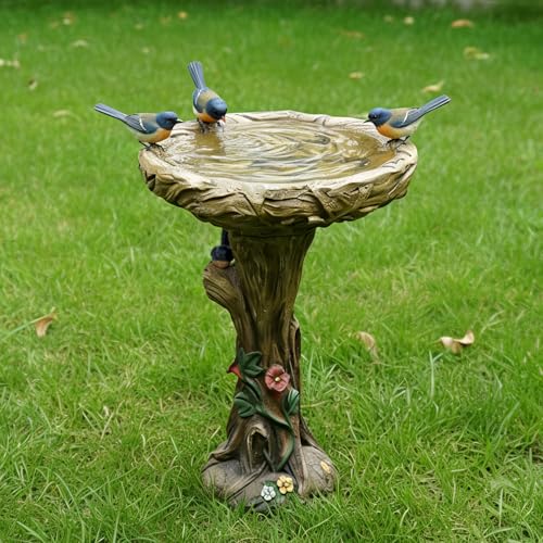 25.5” H Fibre Reinforced Concrete Bird Bath with Birds for Garden (wooden with bird)