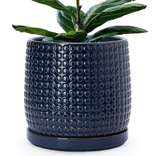 Beaded Ceramic Pot with Saucer (10.2 Inch / Midnight Blue)